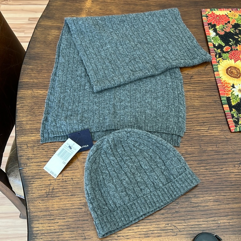 NAUTICA 100% CASHMERE SCARF AND HAT set CABLE KNIT GRAY NEW WITH TAGS